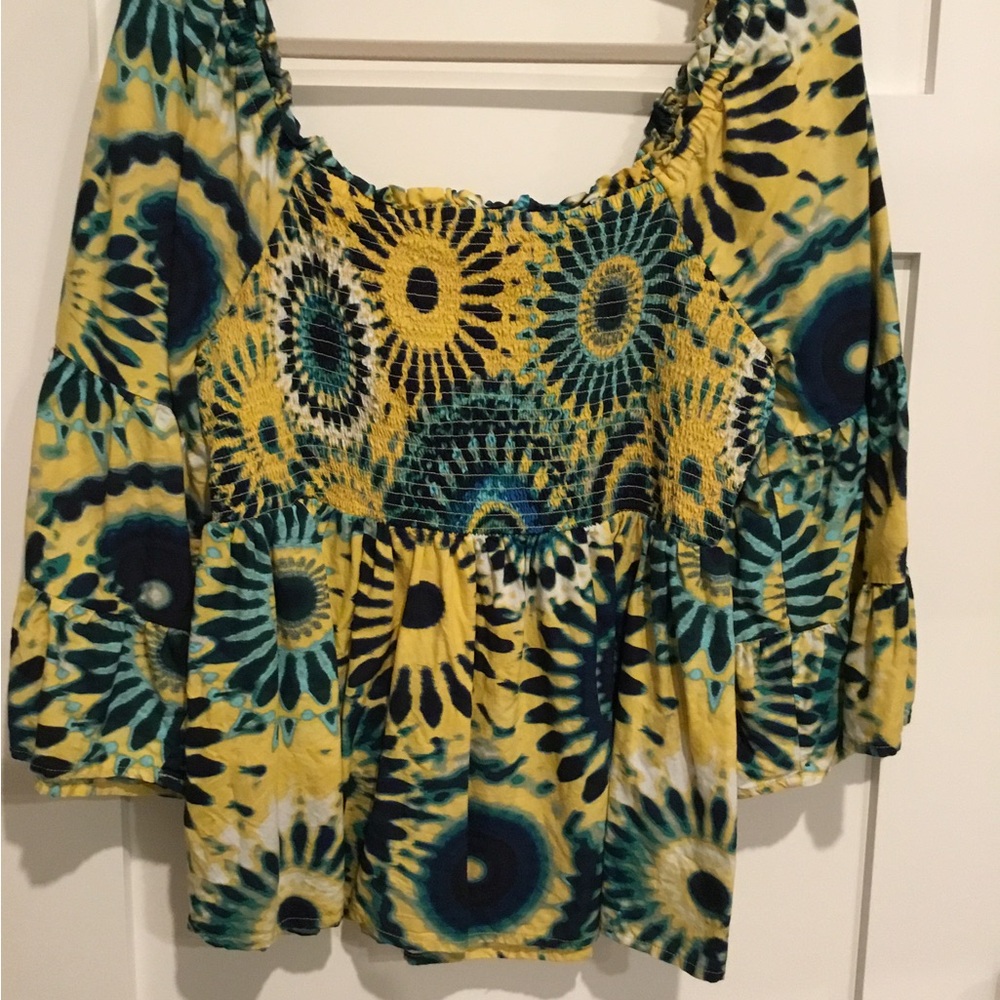 Terra & Sky Blue and Green Blouse with Relaxed Ruffled Style